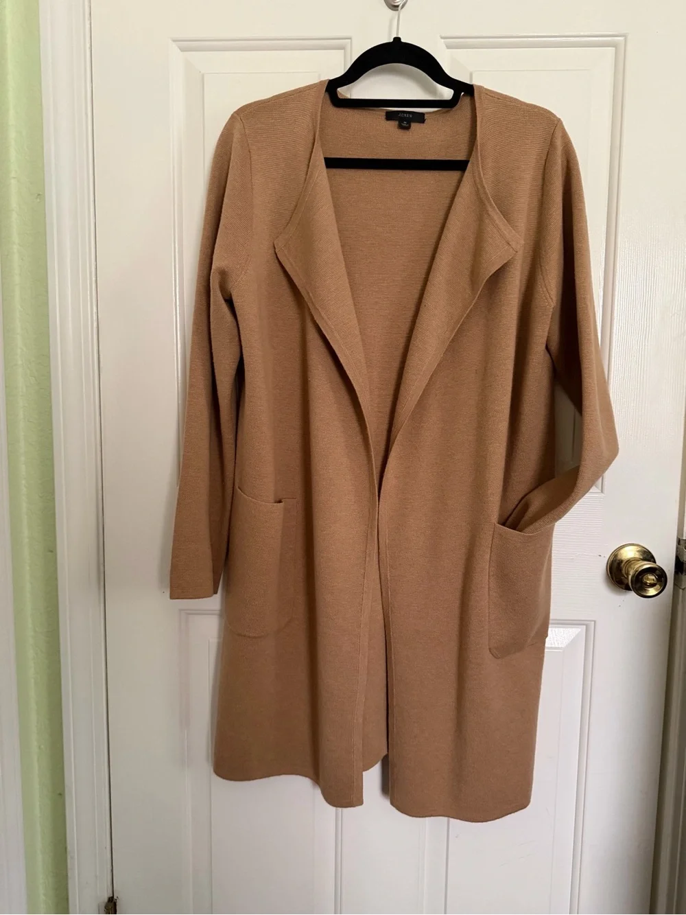J.Crew Open Front Long Cotton Merino Wool Blend Cardigan in Camel